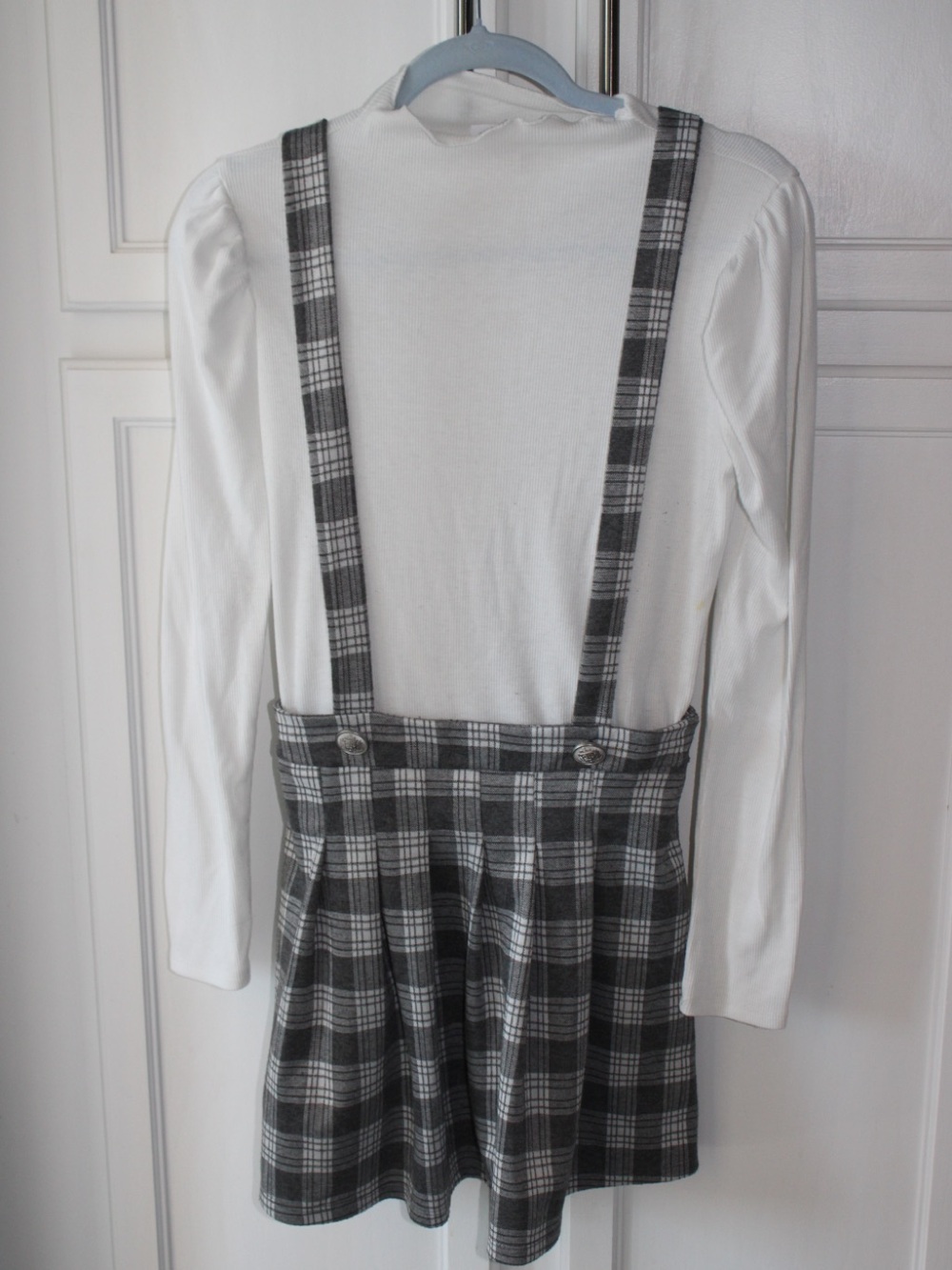Plaid suspender dress with White Ribbed Mock Neck Long Sleeve Top One Piece Med